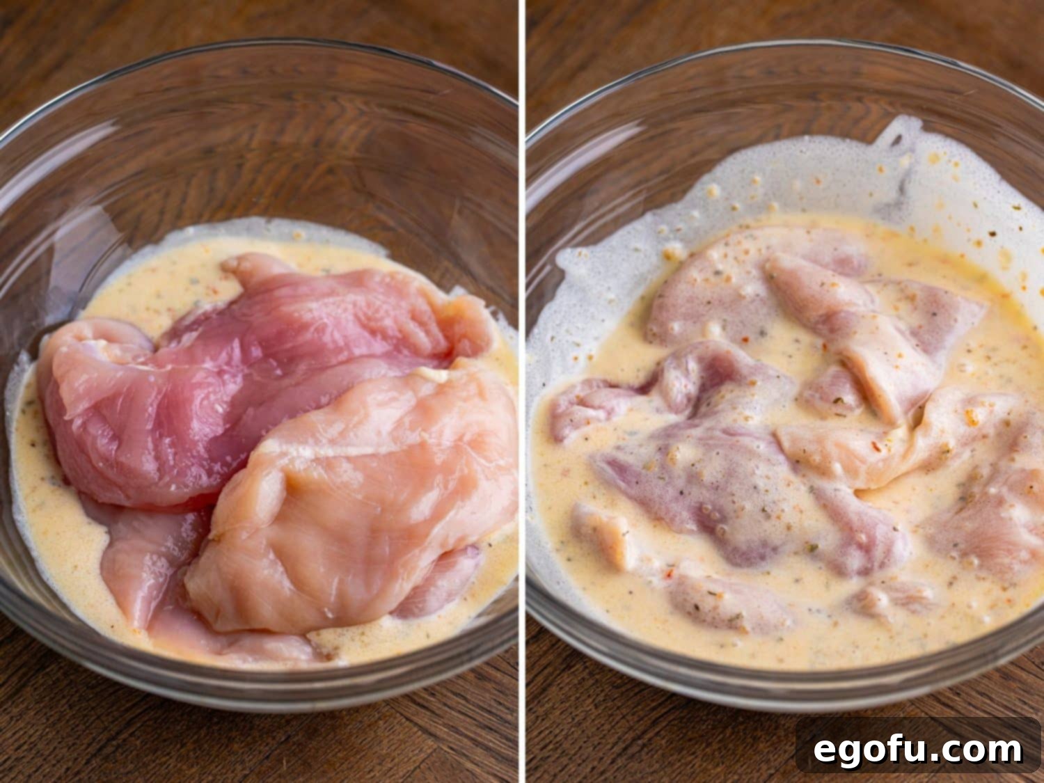 Longhorn's Crispy Parmesan Crusted Chicken 6 Chicken breasts in a sauce and coated chicken in a bowl.