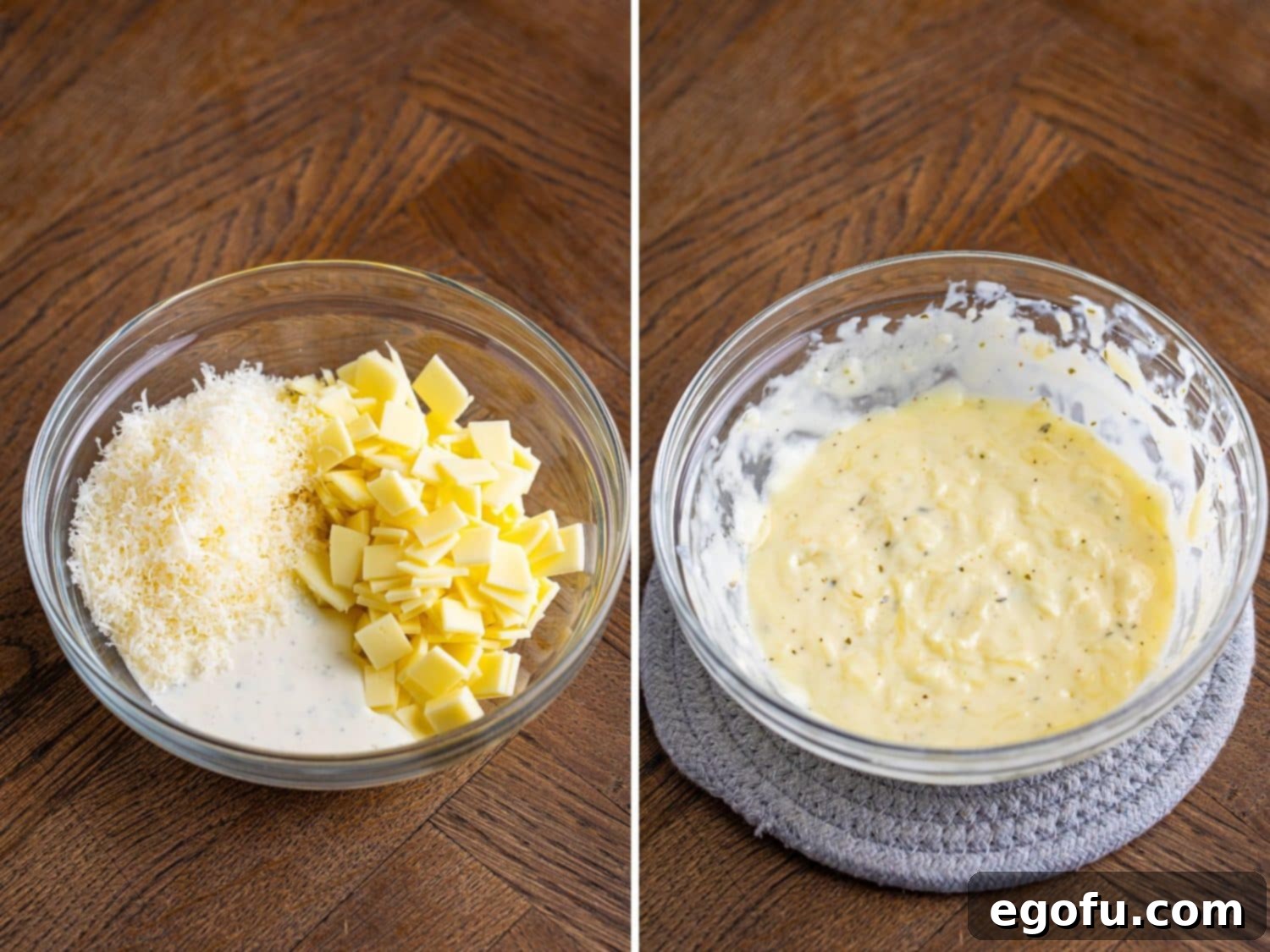 Longhorn's Crispy Parmesan Crusted Chicken 7 A bowl with provolone, parmesan, and ranch and it all mixed together.