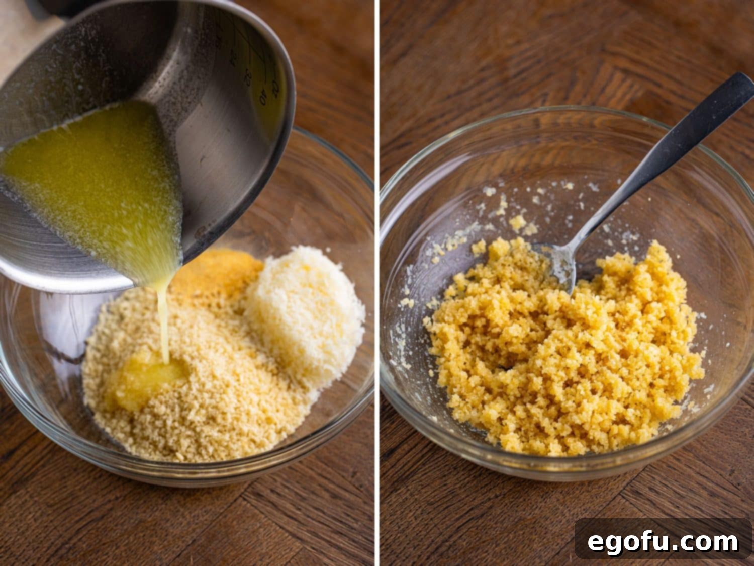 Longhorn's Crispy Parmesan Crusted Chicken 8 A bowl with bread crumbs, parmesan, garlic powder, and butter and it all mixed together.