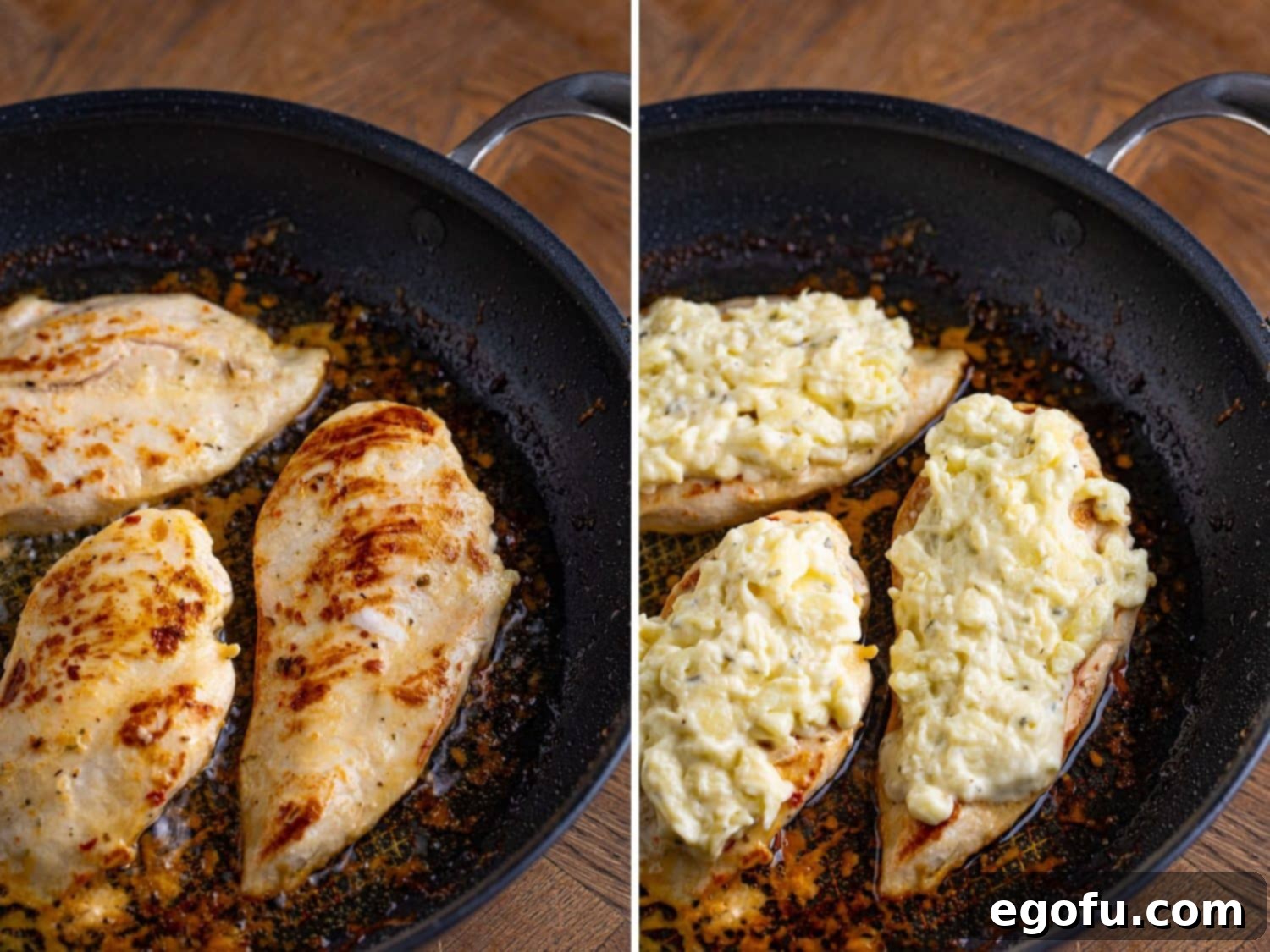 Longhorn's Crispy Parmesan Crusted Chicken 9 Cooked chicken in a pan and a pan with the cooked chicken and sauce.