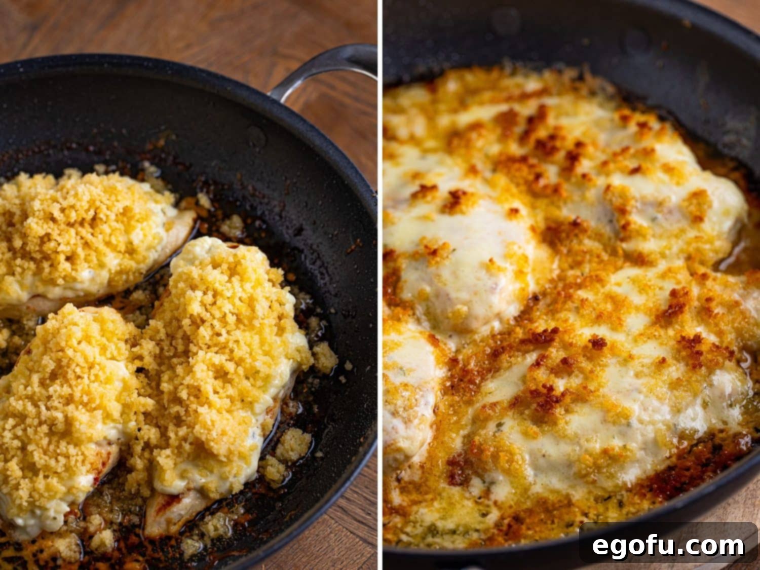 Longhorn's Crispy Parmesan Crusted Chicken 10 Breadcrumbs on top of sauce on chicken in a pan and broiled crusted chicken in a skillet.