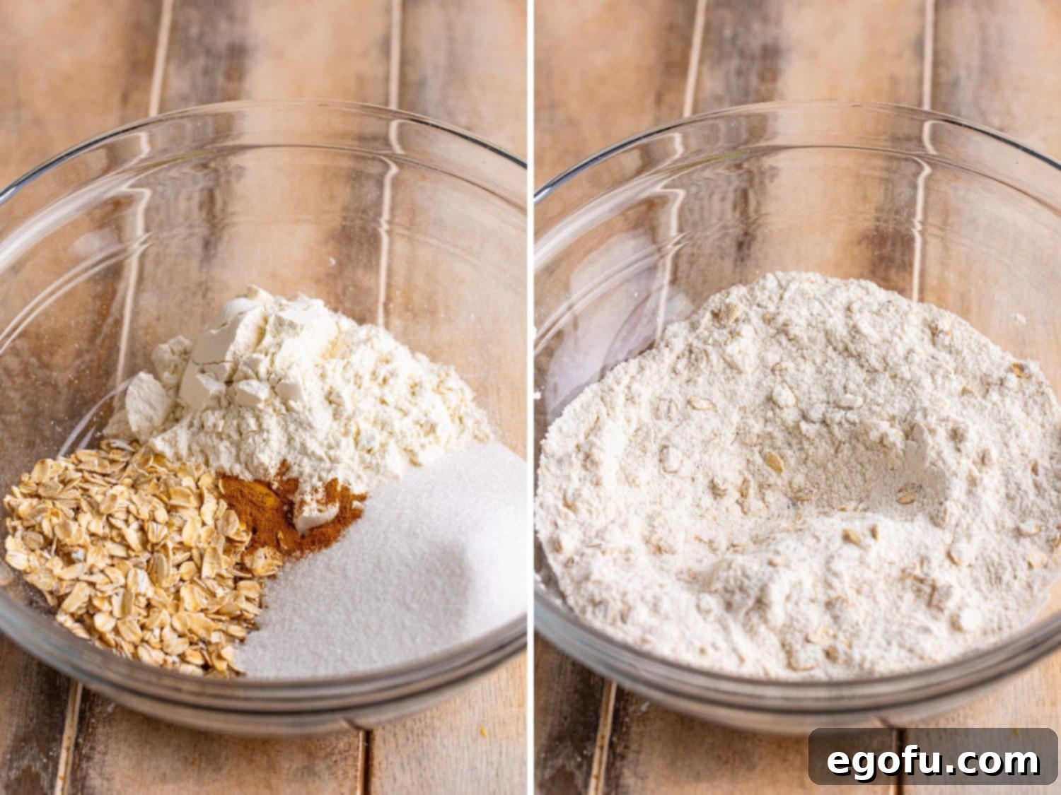 A bowl containing flour, sugar, oats, and cinnamon, all mixed together for the streusel.