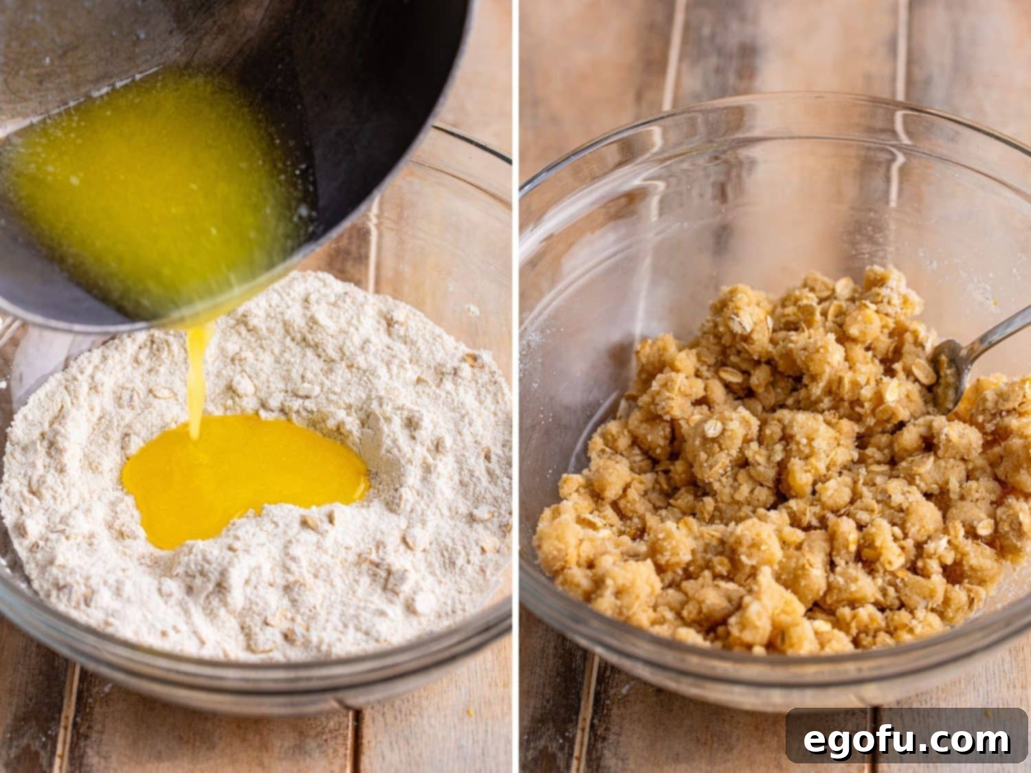 Melted butter being added to the dry streusel ingredients, forming a crumbly mixture.