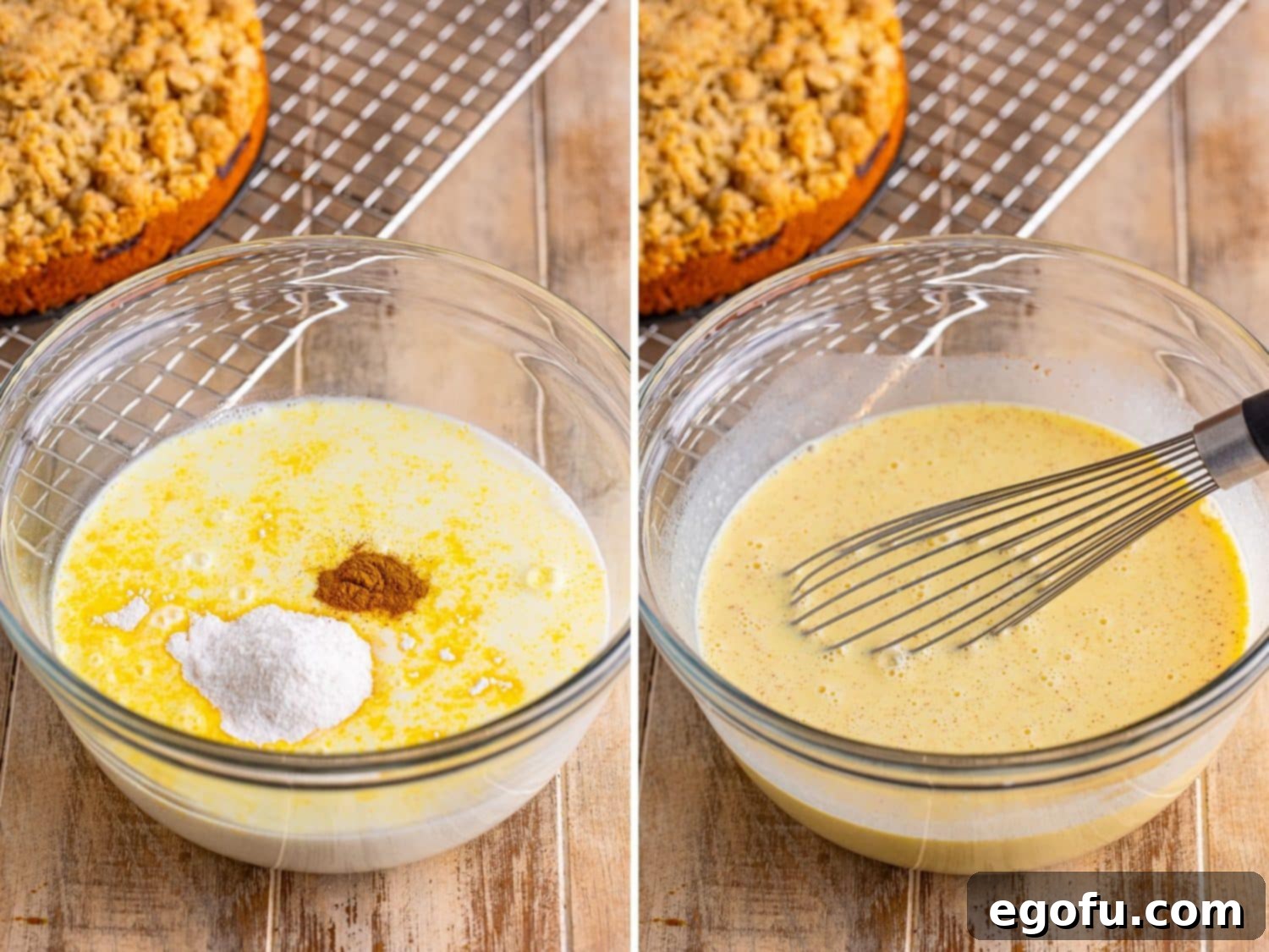 A bowl with instant vanilla pudding mix, whole milk, and cinnamon, whisked together.