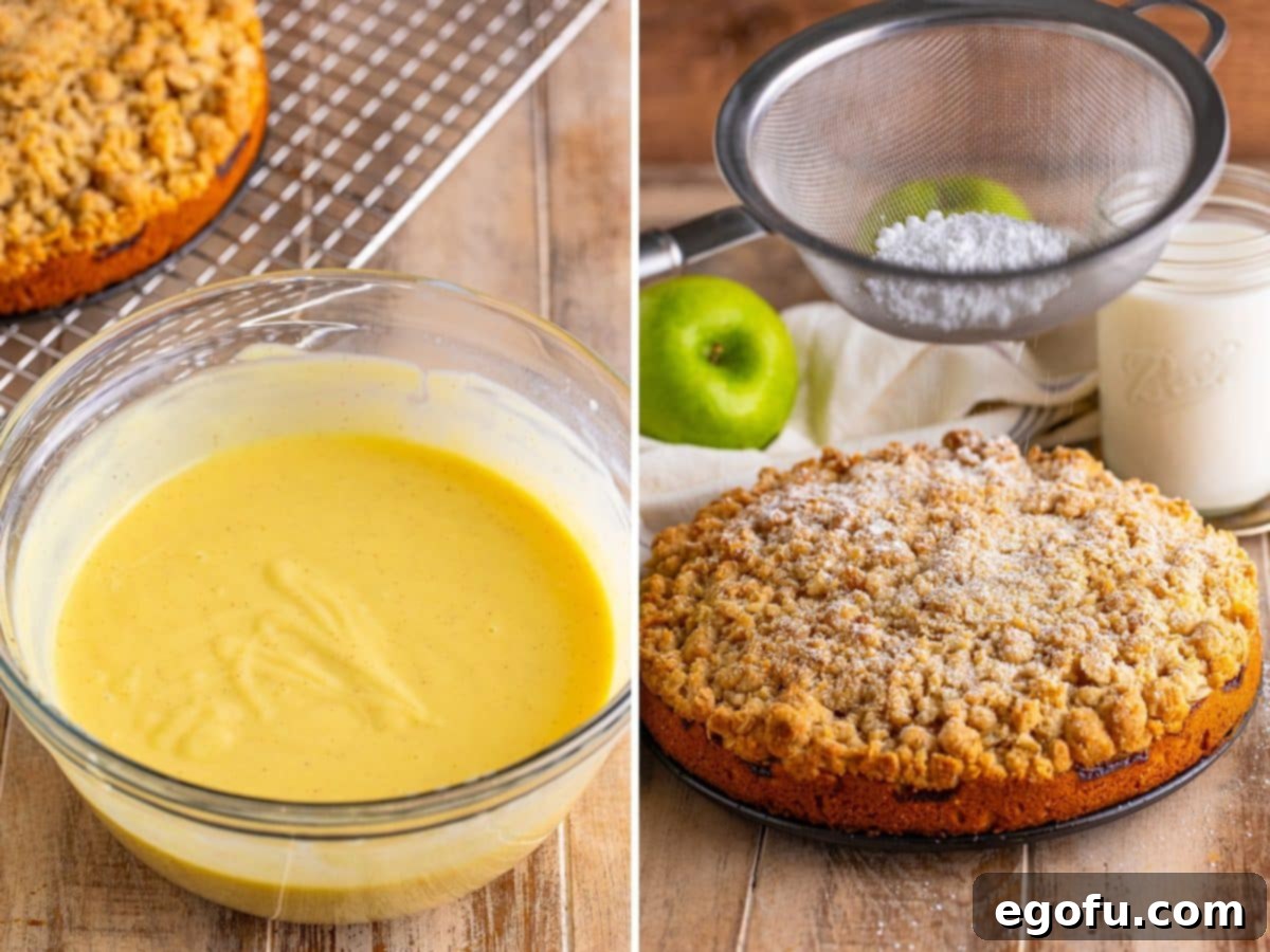 Thickened, custard-like vanilla sauce in a bowl, and powdered sugar being dusted on the cake.