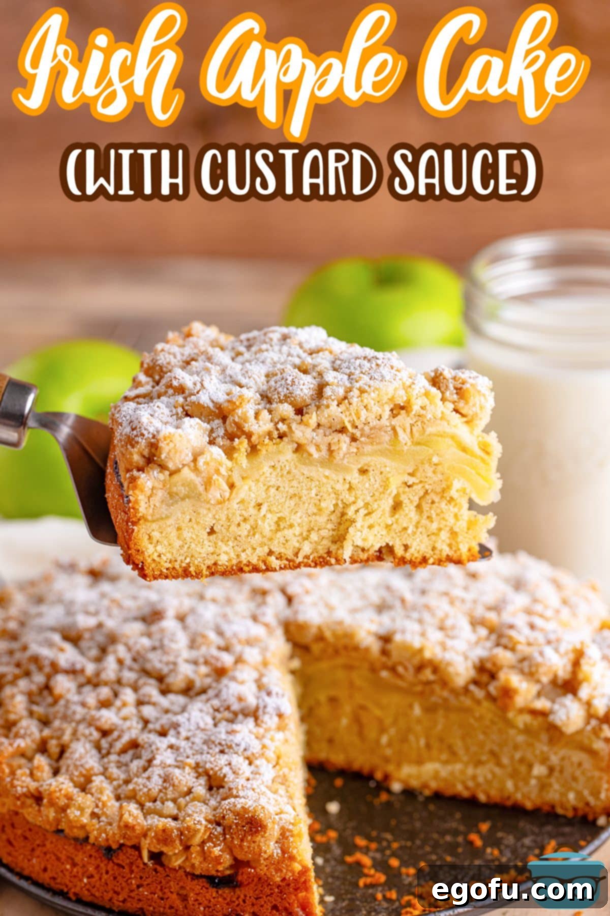 An Irish Apple Cake with a slice being removed from the pan.