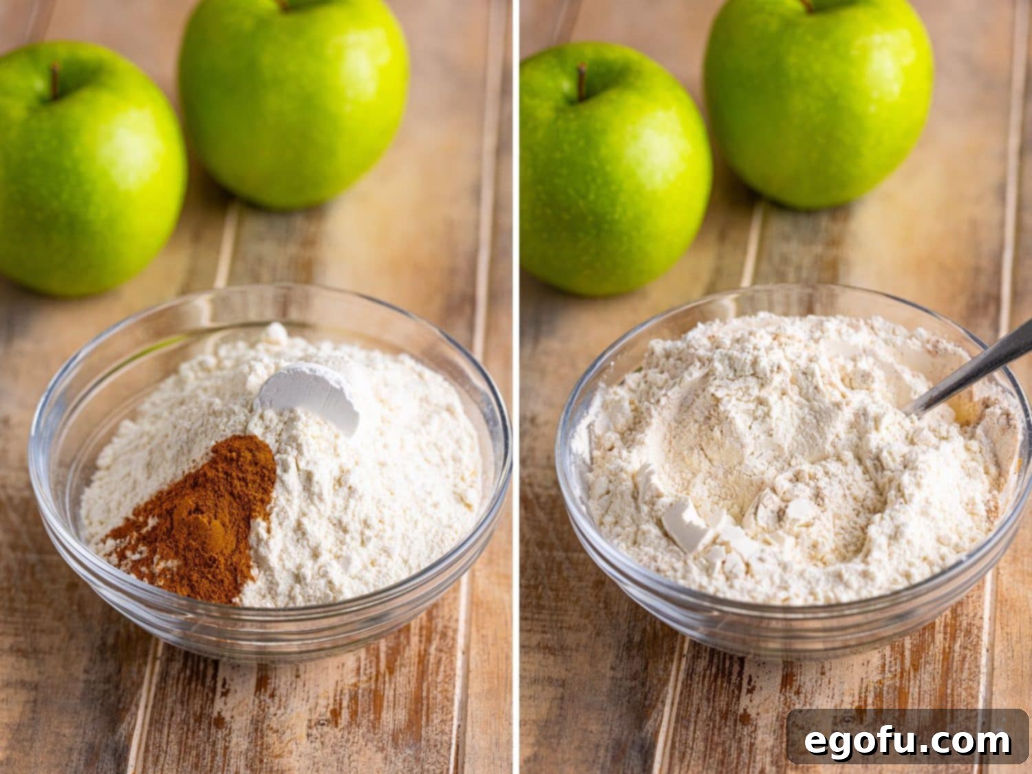 A bowl with cinnamon, baking powder, and flour, all mixed together.