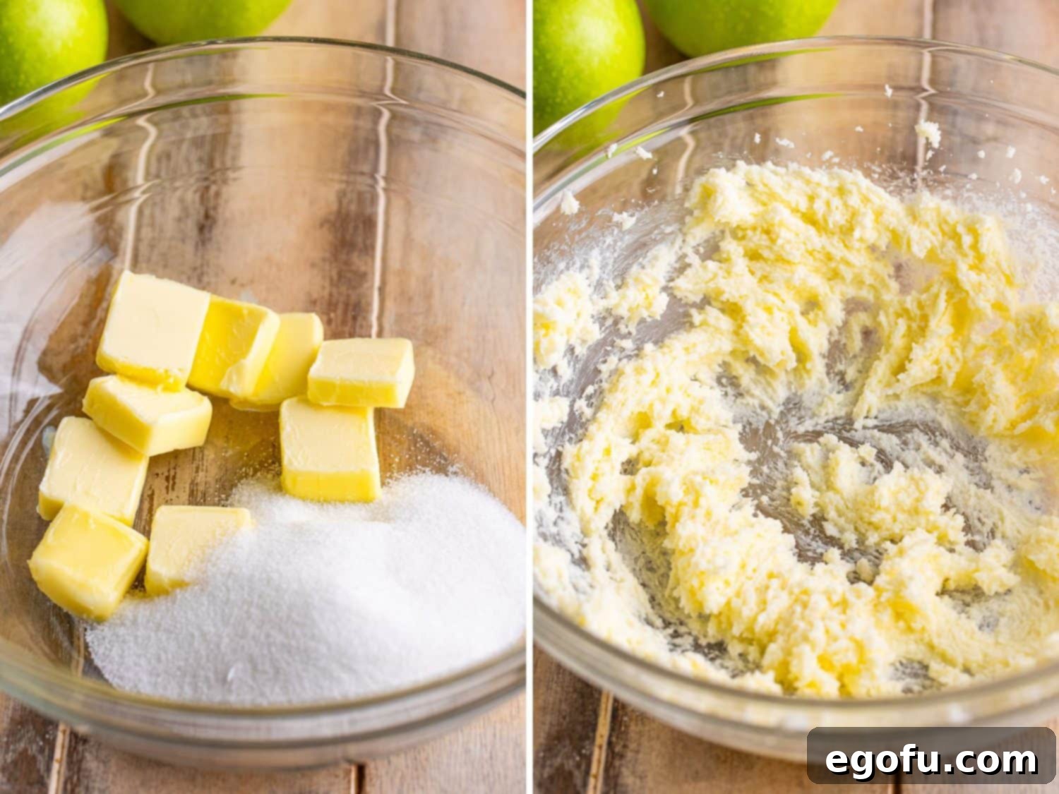 Softened butter and granulated sugar being creamed together in a bowl.