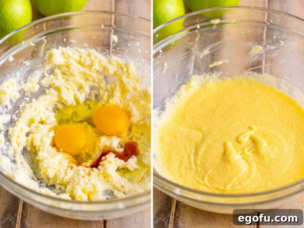 Eggs and vanilla extract being added to the butter and sugar mixture.