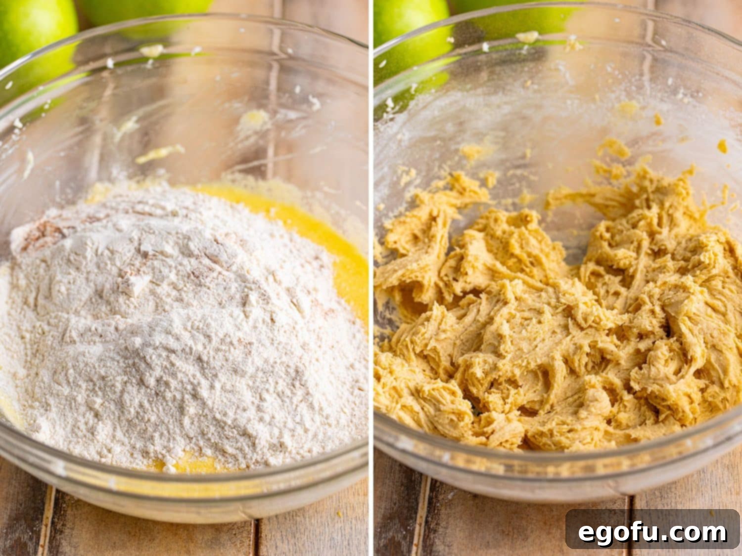 Dry ingredients being gently added on top of the wet ingredients in a mixing bowl.