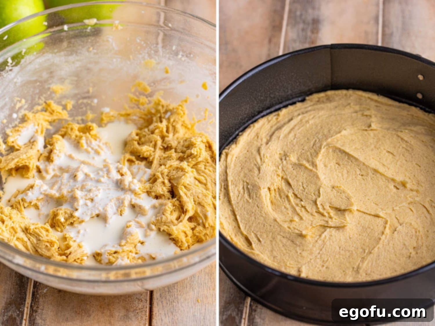 Heavy cream being added to the cake batter, which is then stirred until smooth and spread into a springform pan.