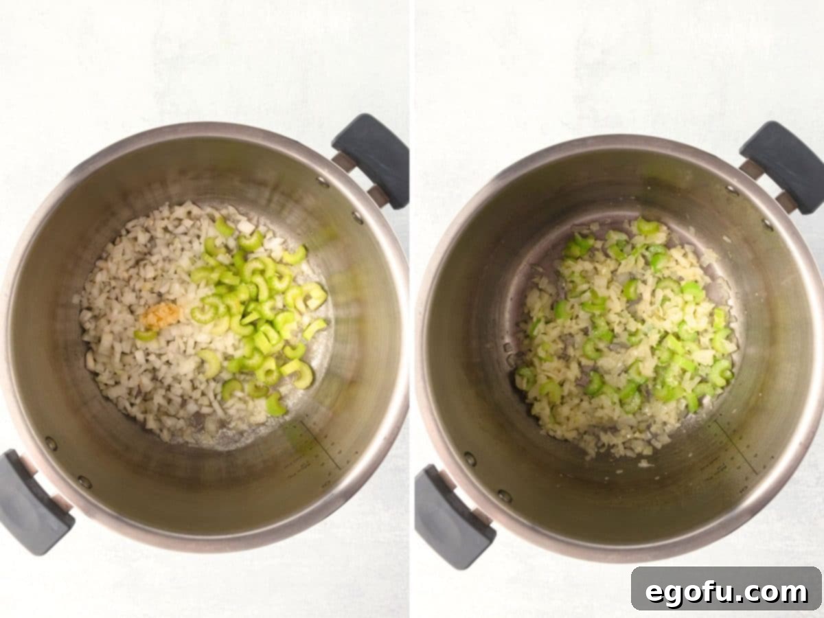 An Instant Pot with garlic, onions, and celery being sauteed, filling the kitchen with rich aromas.
