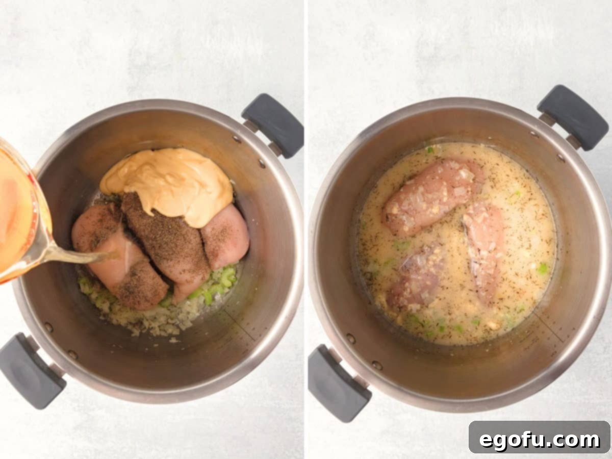 All primary ingredients, including chicken breasts, broth, cream of chicken soup, thyme, salt, and pepper, mixed within the Instant Pot before pressure cooking.