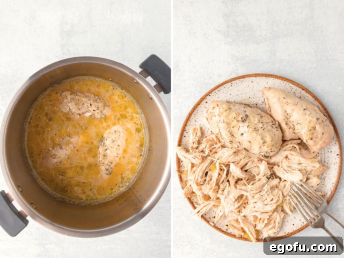 Cooked chicken being removed from the Instant Pot and shredded on a separate plate, with the rich broth still in the pot.