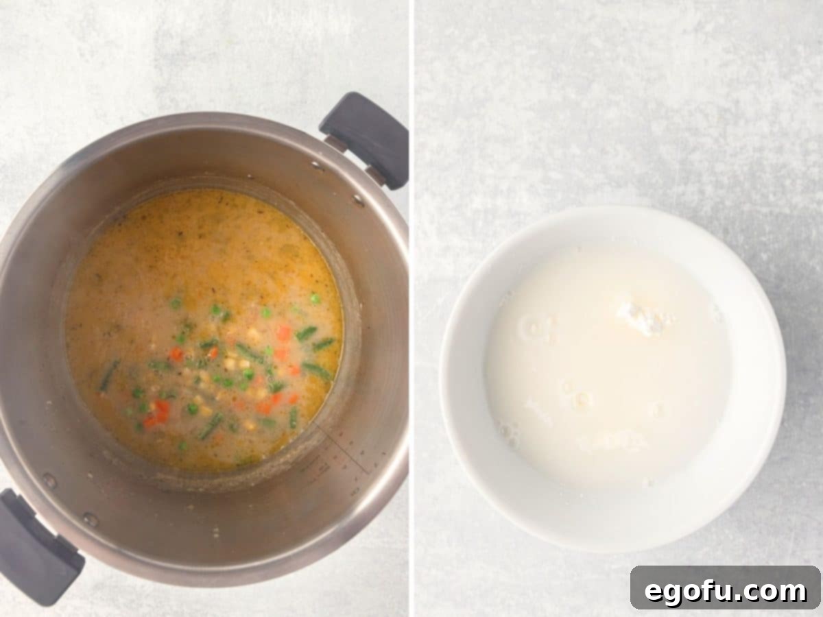 Frozen mixed vegetables added to the Instant Pot, alongside a small bowl with a cornstarch slurry ready to be incorporated for thickening.
