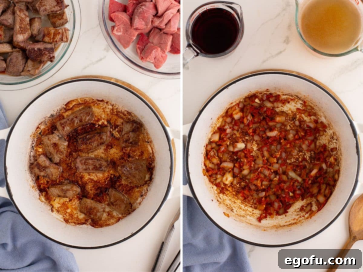 A pot with beef and a pot with onion, garlic, tomato paste, garlic, and flour.