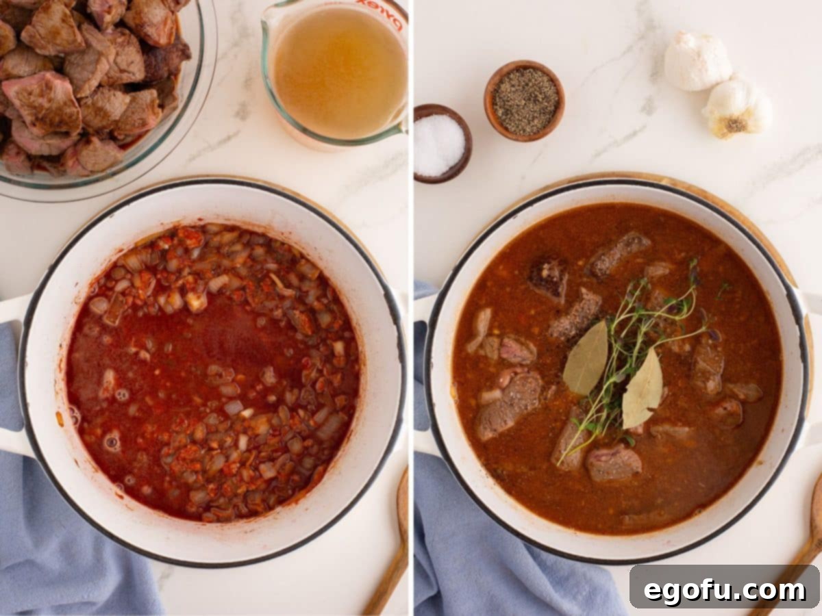 A pot of Beef Tips thickening and bay leaves being added to the pot. 