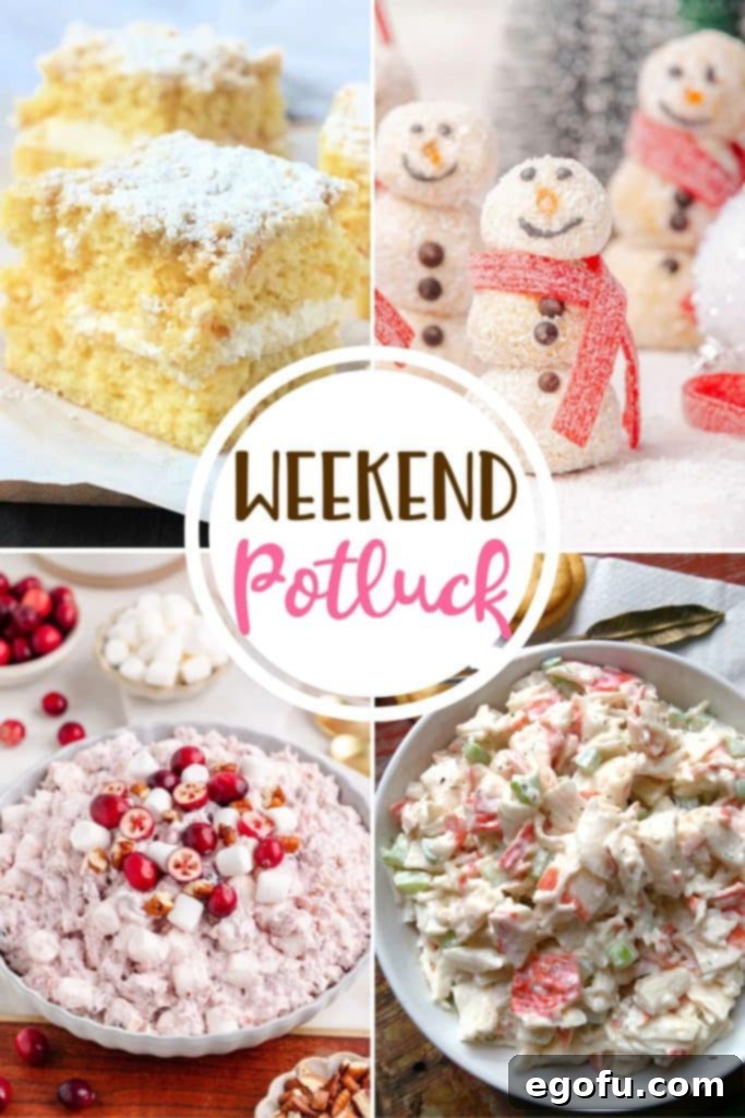 Weekend Potluck featured recipes include: Swedish Flop, Cranberry Fluff Salad, Snowman Coconut Truffles and Seafood Salad. A vibrant collage of delicious, easy-to-make dishes for your next gathering.