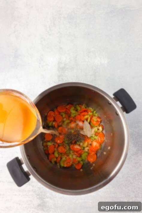 Chicken stock being added to a soup base.