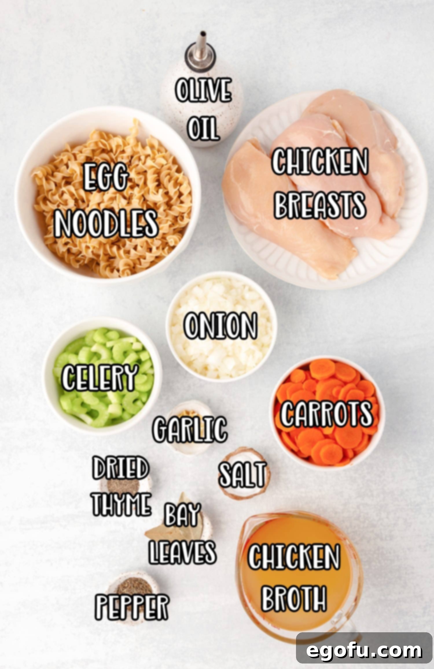 A vibrant flat lay showcasing all the fresh ingredients needed for Instant Pot Chicken Noodle Soup: egg noodles, chicken breast, celery, carrots, onions, olive oil, chicken broth, minced garlic, bay leaves, dried thyme, salt, pepper, and fresh parsley.