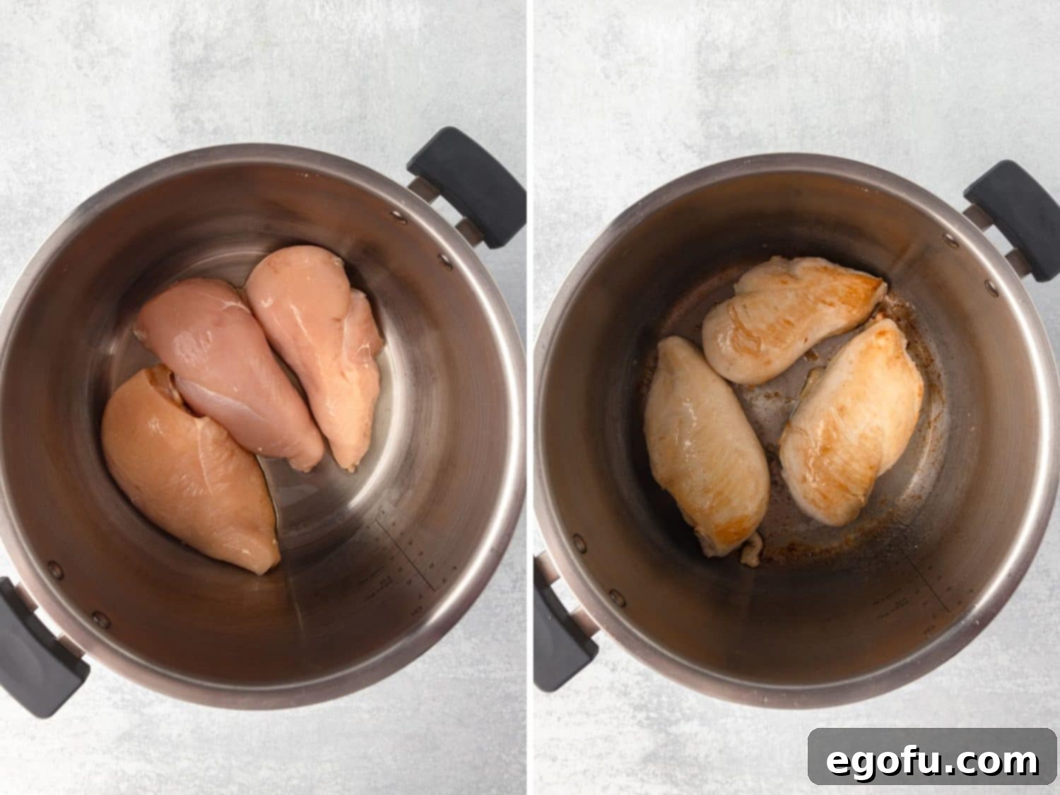 Chicken breasts browning in the Instant Pot on the Sauté function.