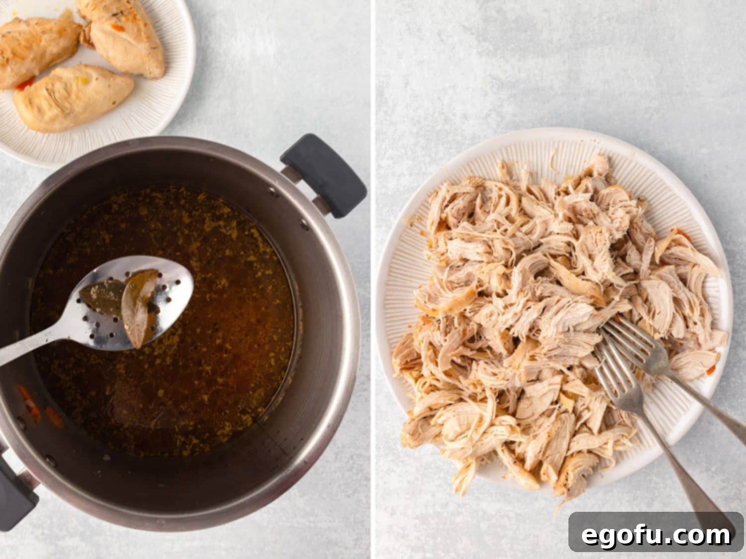 A bay leaf being removed from the soup, and shredded chicken prepared on a plate.