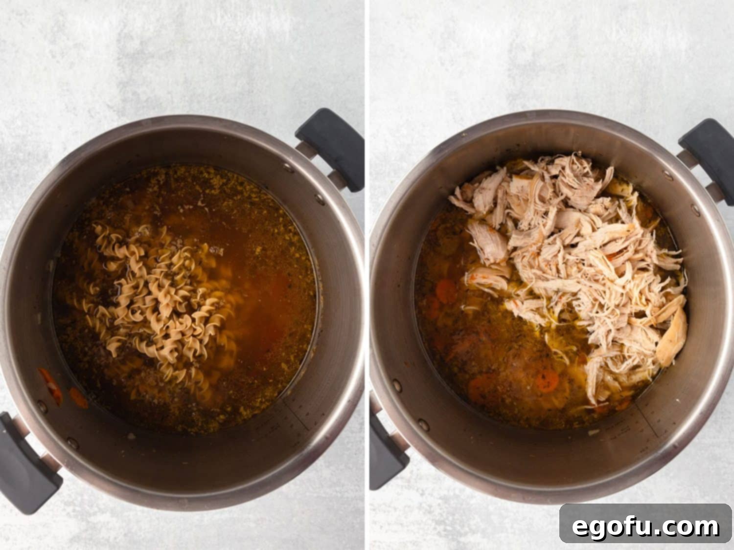 Egg noodles and shredded chicken cooking together in the Instant Pot soup base.