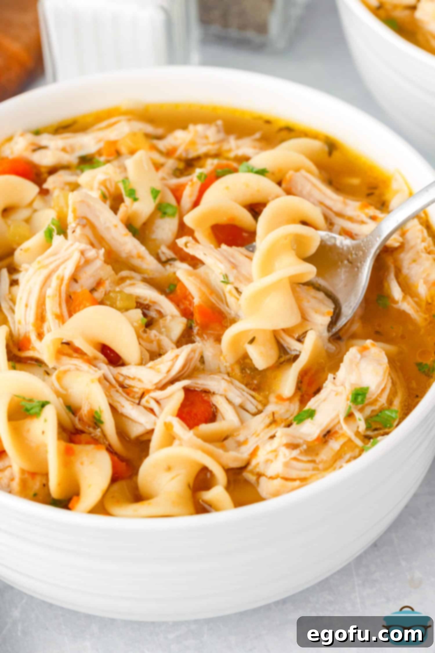 A generous serving bowl of steaming homemade Chicken Noodle Soup, fresh from the Instant Pot, garnished with parsley.