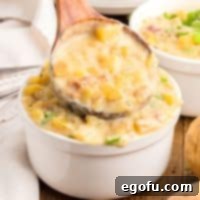 A large ladle of Crock Pot Potato Soup for Two hovering above a steaming cup, beautifully garnished, ready to be served and enjoyed.