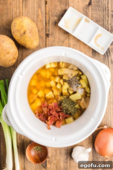 A small Crockpot with broth, potatoes, bacon, parsley, salt, pepper, onion powder, and garlic powder, mixed together for the initial cooking phase.
