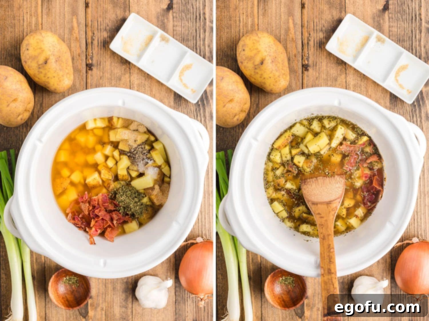 A small Crock Pot filled with a colorful mixture of broth, diced potatoes, crumbled bacon, dried parsley, salt, pepper, onion powder, and garlic powder, ready for slow cooking, demonstrating the initial step of combining ingredients.