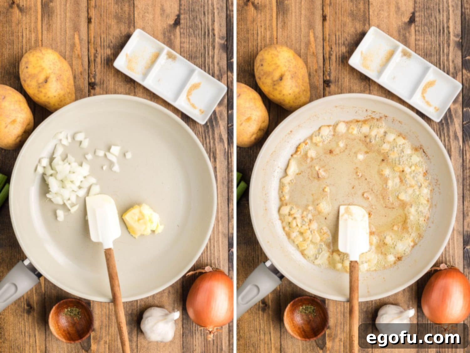 A sauté pan on a stovetop with chopped yellow onion and melted butter, gently cooking to become translucent, illustrating the beginning of the roux preparation for the potato soup.
