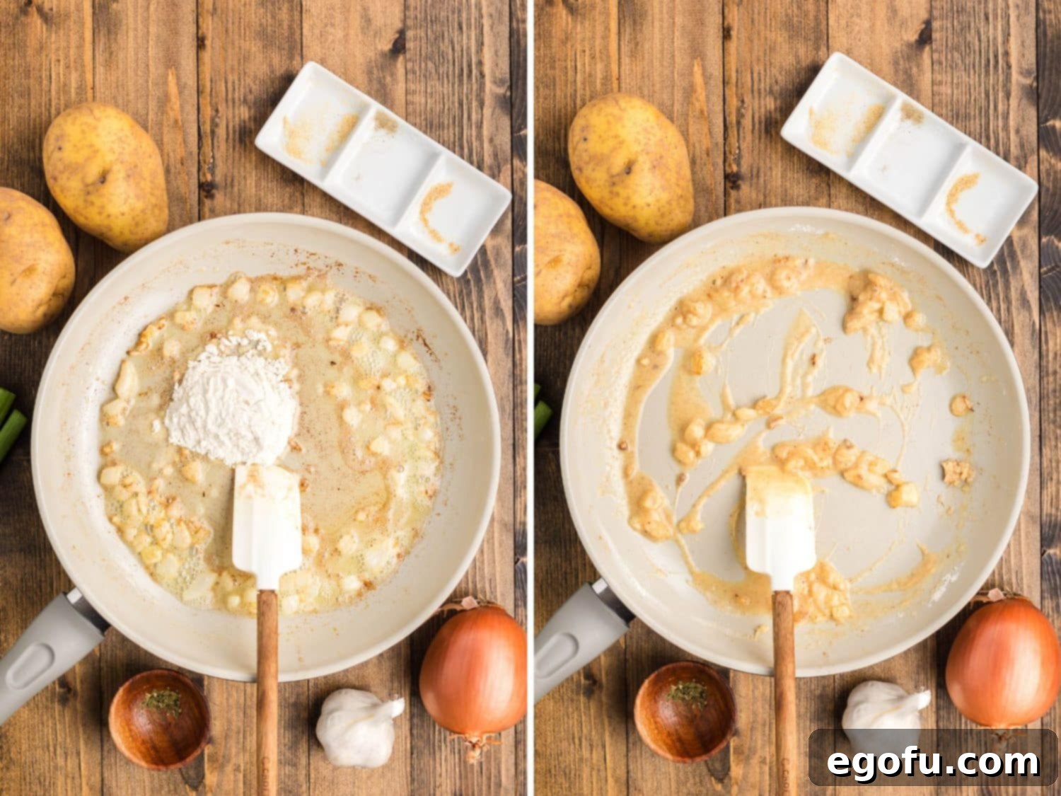 All-purpose flour being carefully added to a sauté pan containing softened onions, minced garlic, and melted butter, being stirred to form a roux, a crucial step for thickening the creamy potato soup.