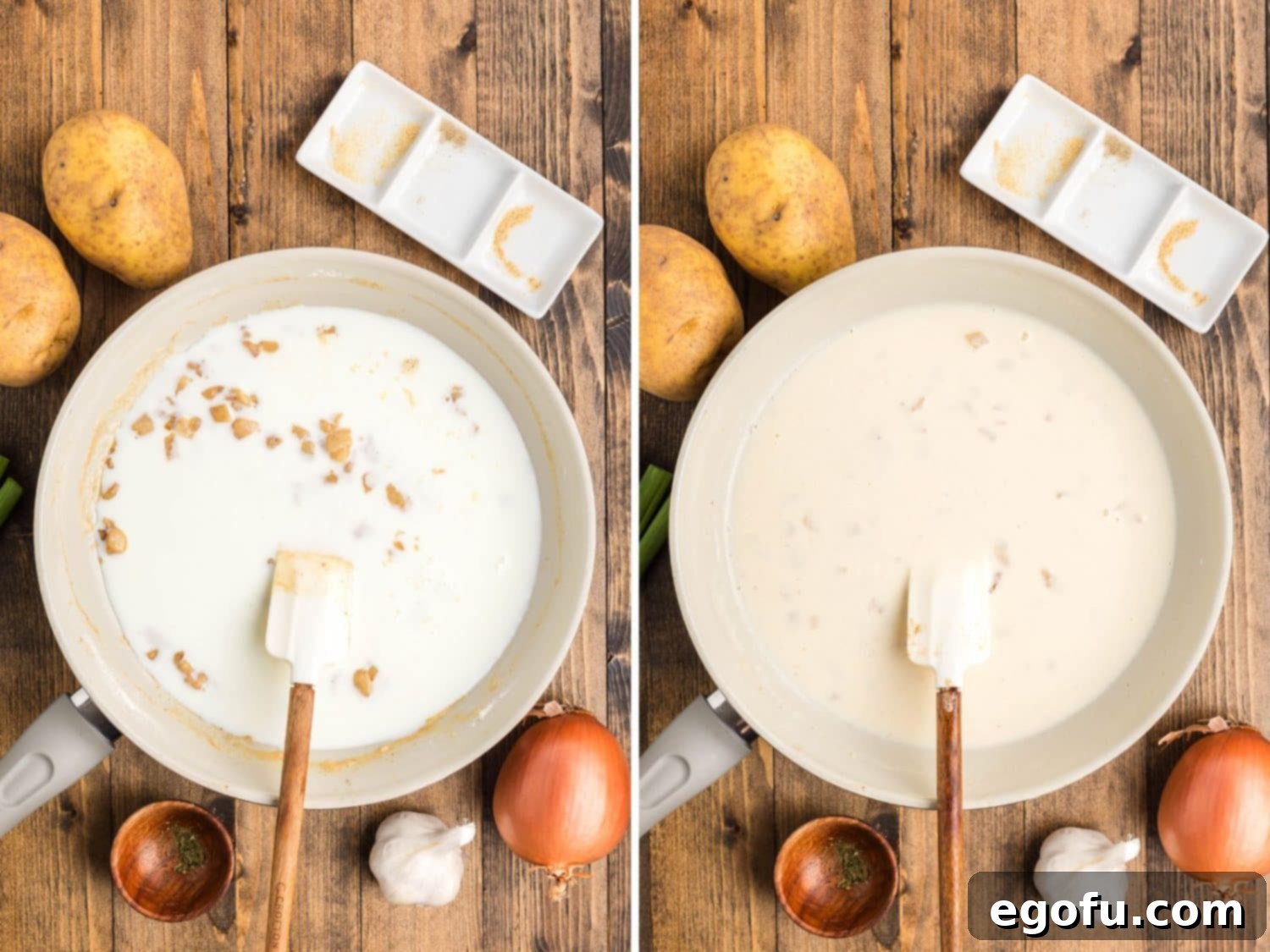 Milk being gradually poured into a sauté pan containing the onion and flour mixture, being whisked continuously to create a smooth, thickened, and creamy sauce for the potato soup.