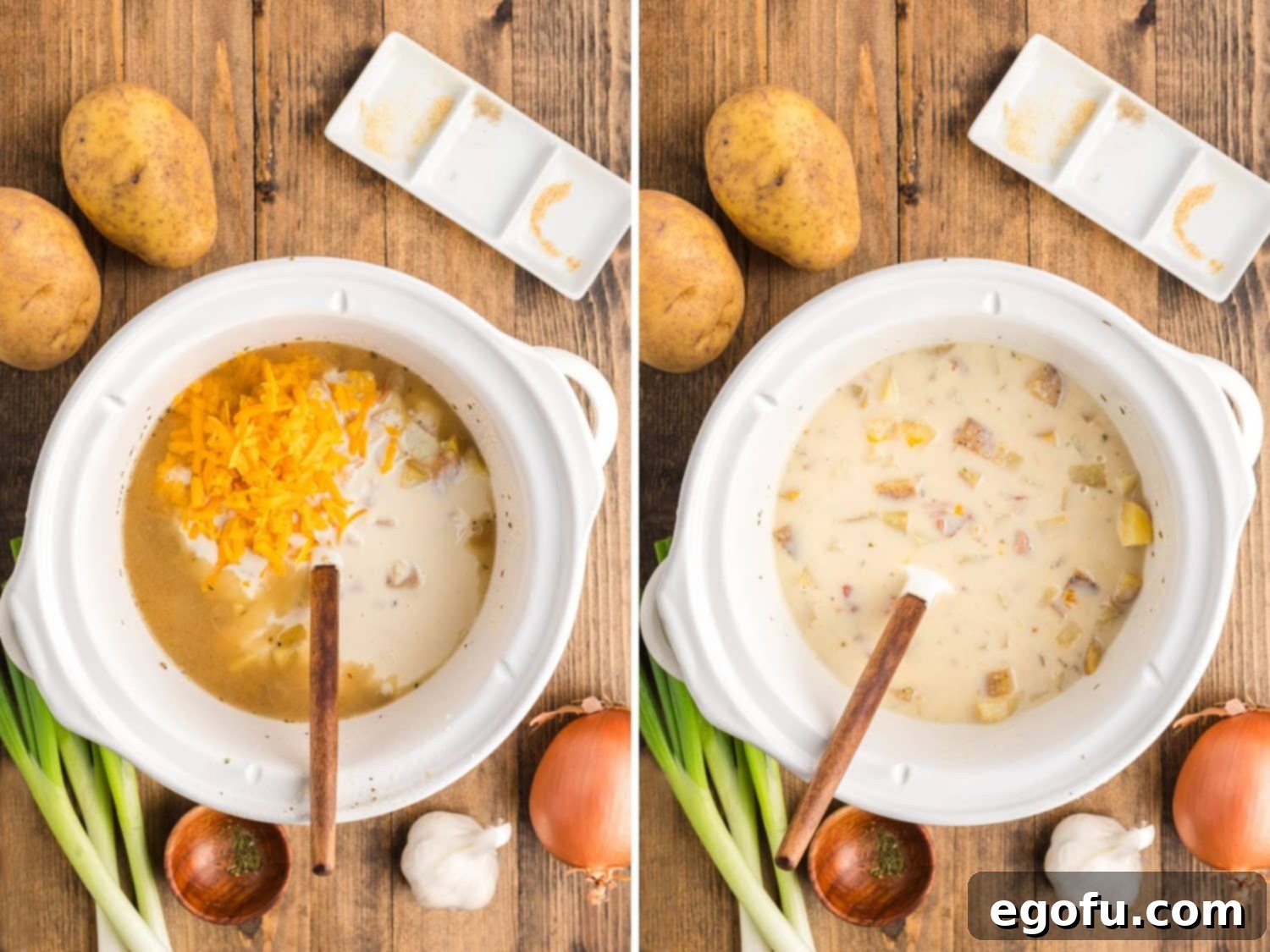 The creamy milk and cheese mixture being poured into the slow cooker, joining the cooked potatoes and other ingredients, then gently stirred until fully combined and the soup thickens to a luscious consistency.