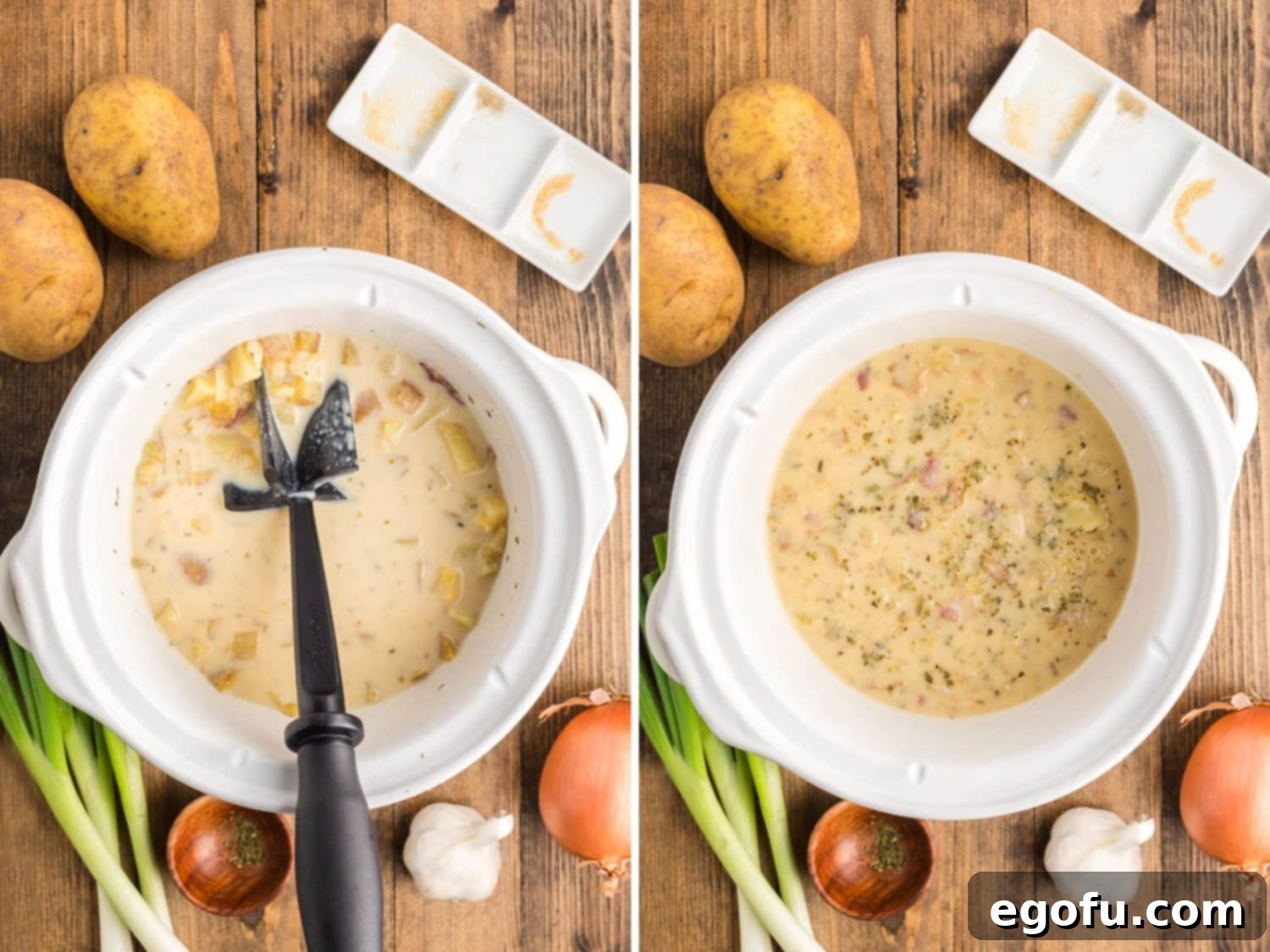 A potato masher actively mashing tender potatoes within the creamy potato soup in a slow cooker, demonstrating the step to achieve a desired chunky or smooth texture and further thicken the soup.