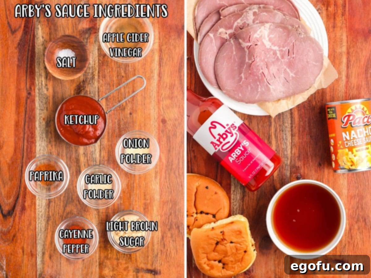 Ingredients laid out to make Arby's Sauce and Ingredients to make an Arbys Roast Beef and Cheddar Sandwich laid out.
