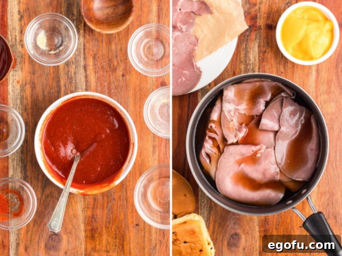 Arby's sauce ingredients mixed together in a bowl and roast beef with broth mixture in a pot.