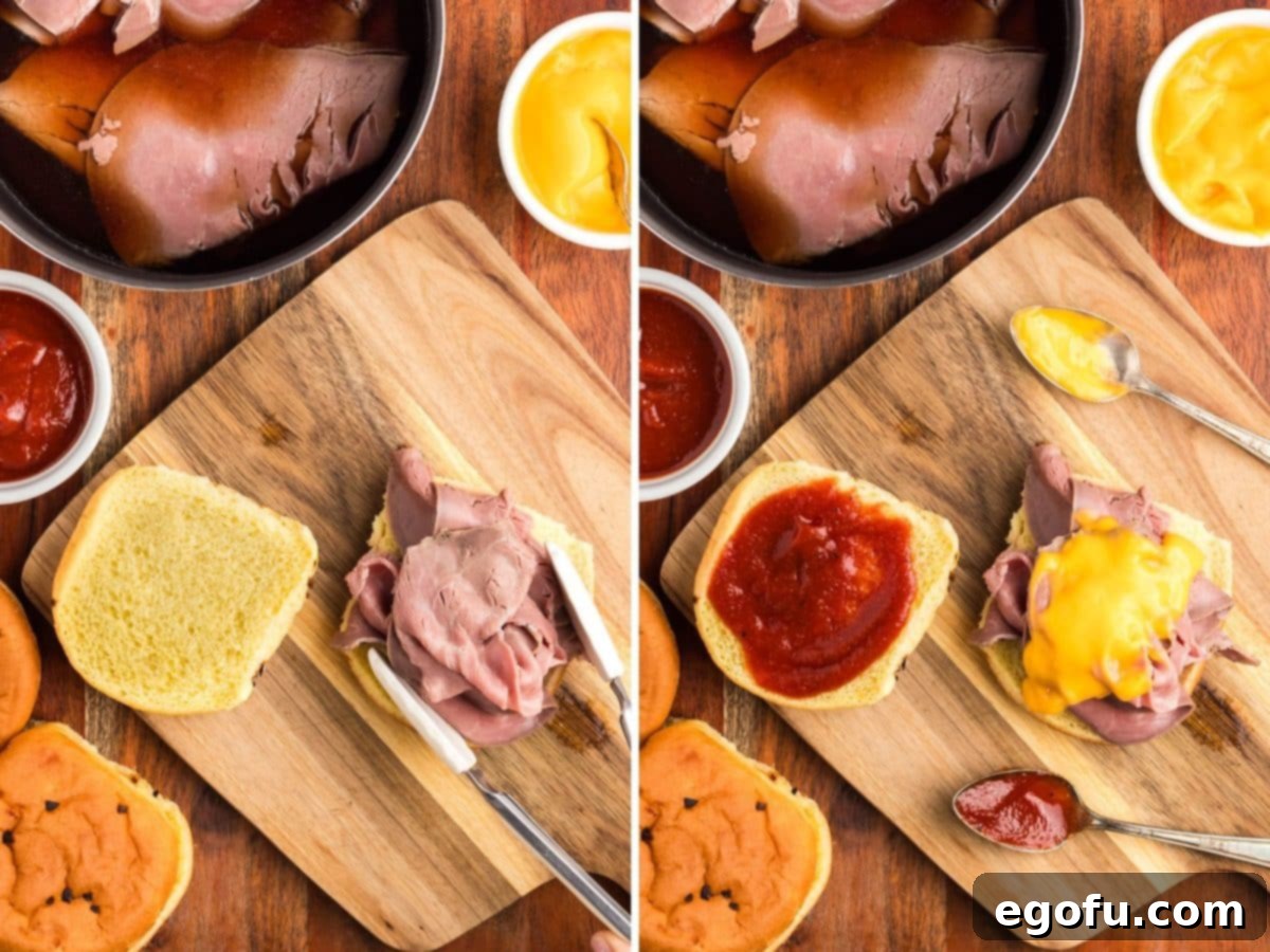 Roast beef being added to a burger bun and sauces being added to sandwiches.