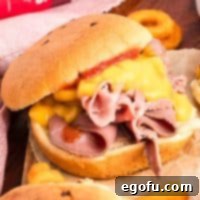 Close up looking at an Arby's Roast Beef and Cheddar copycat Sandwich.