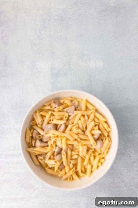 Pasta, chicken, and sauce mixed together in a bowl.