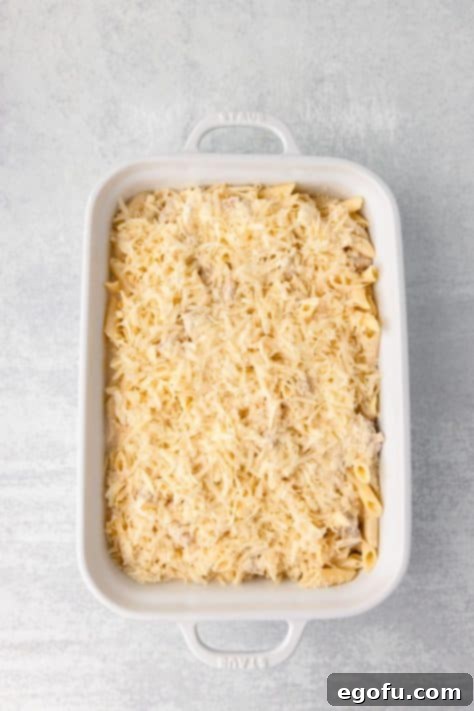 Cheese-coated pasta dish waiting to be baked in a casserole pan.