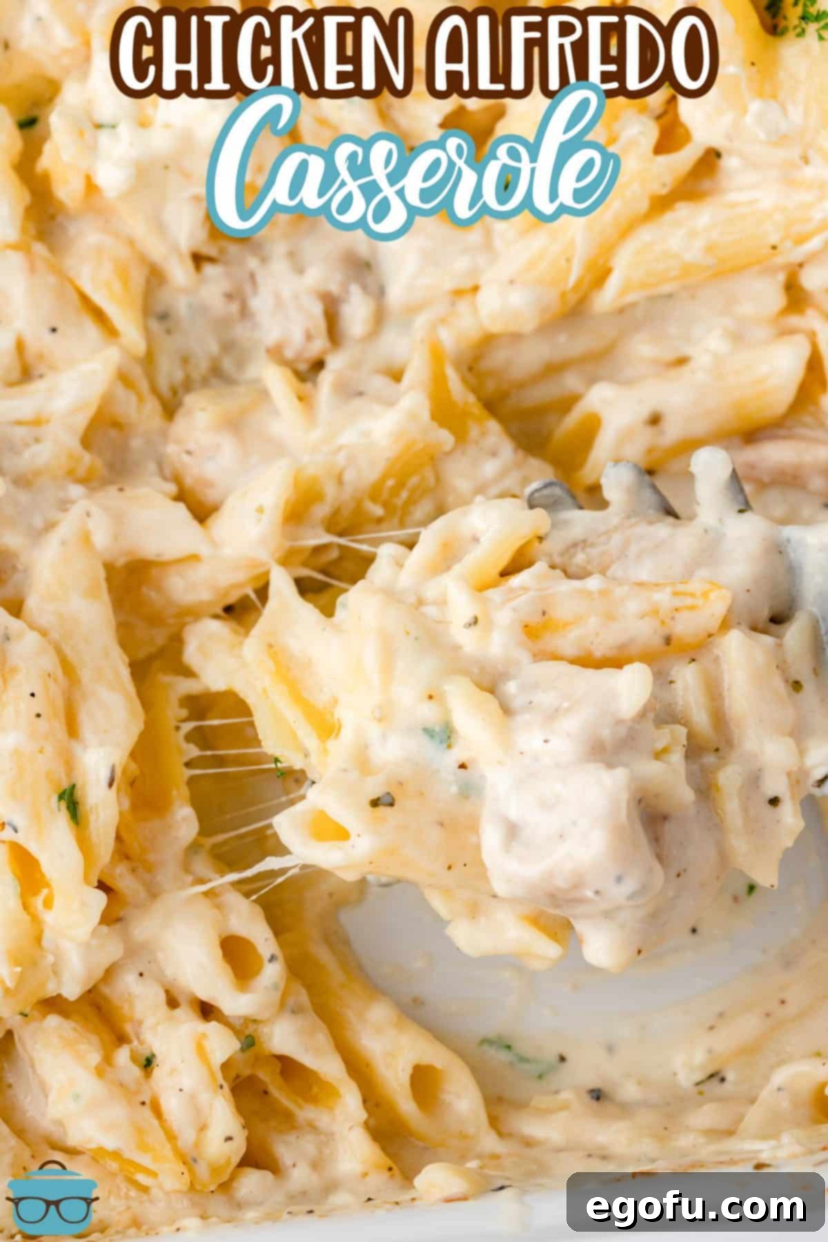 Looking down on some Chicken Alfredo Casserole in a dish, ready to be served.