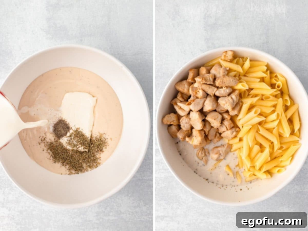 A bowl with Alfredo sauce, softened cream cheese, milk, garlic, Italian seasoning, 1/2 teaspoon salt, and 1/4 teaspoon black pepper being mixed, and another bowl showing the sauce with pasta and chicken.