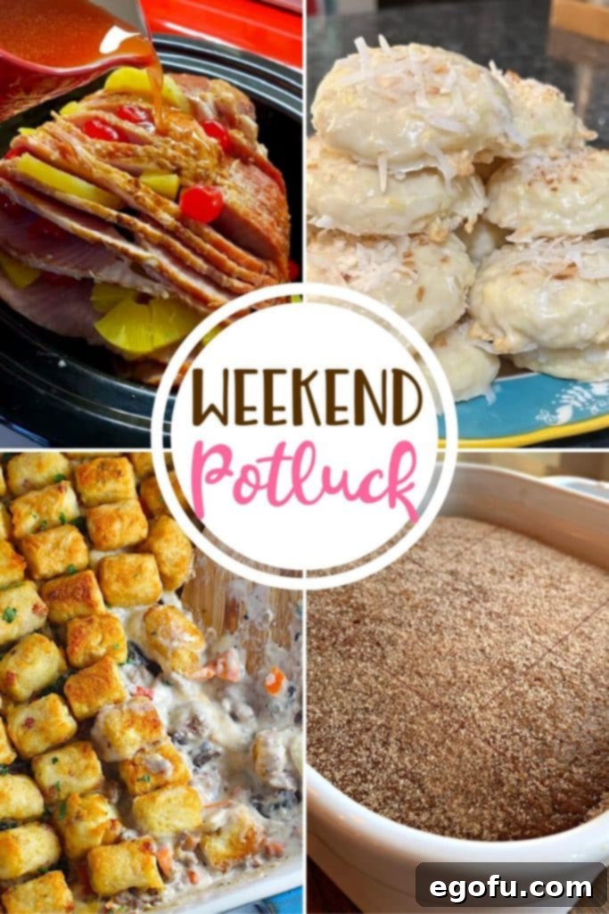 Cheesy Beef and Crispy Tater Tot Bake 2 Weekend Potluck featured recipes include: Cheesy Hamburger Tater Tot Casserole, Dolly Parton Coconut Cookies, Slow Cooker Holiday Ham and Snickerdoodle Crazy Cake. A collage of comfort food dishes, perfect for family meals and holiday gatherings.