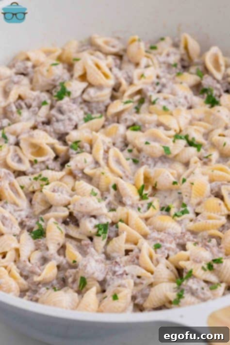 A large skillet of Ground Beef Alfredo.