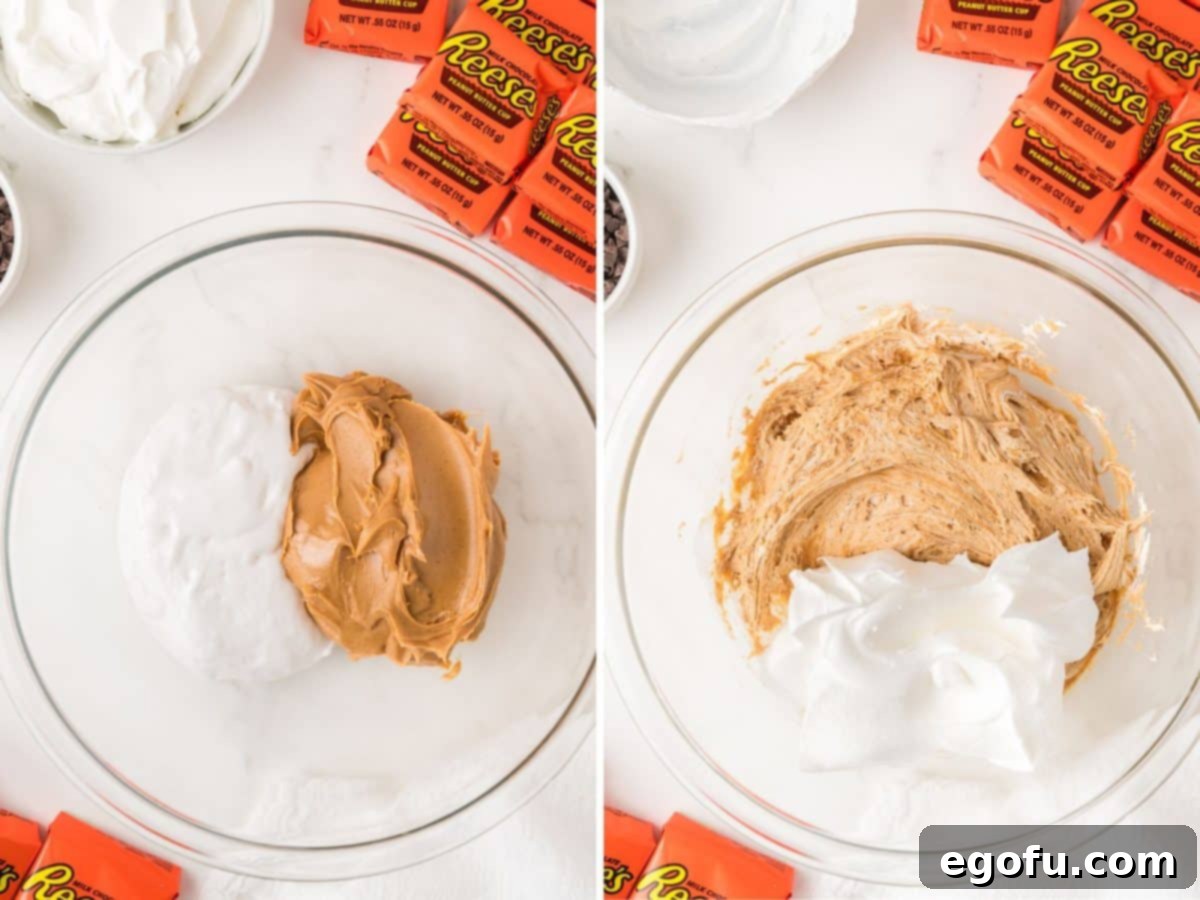Creamy peanut butter and marshmallow cream being vigorously mixed together in a bowl.
