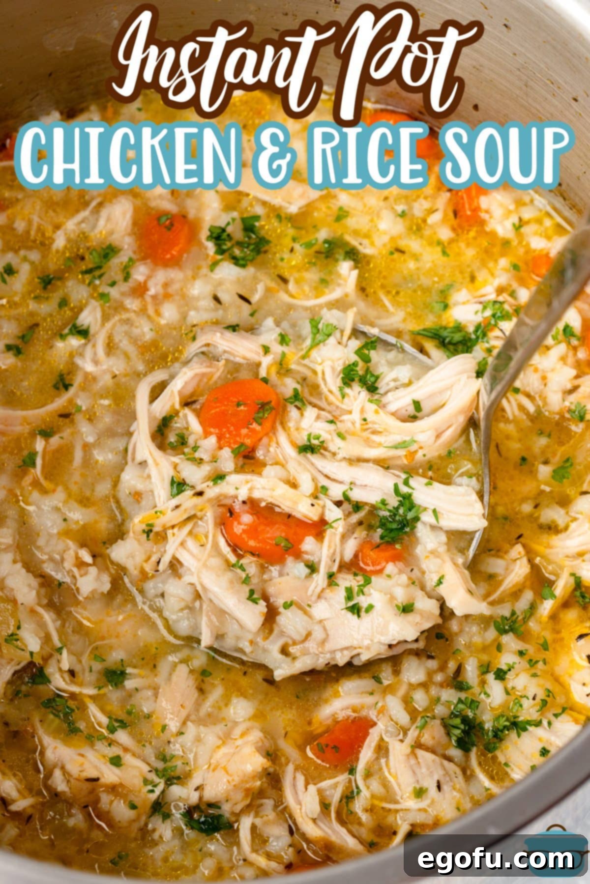 Comforting Instant Pot Chicken and Rice Soup 8 A ladle of chicken and rice soup above the Instant Pot full of soup.