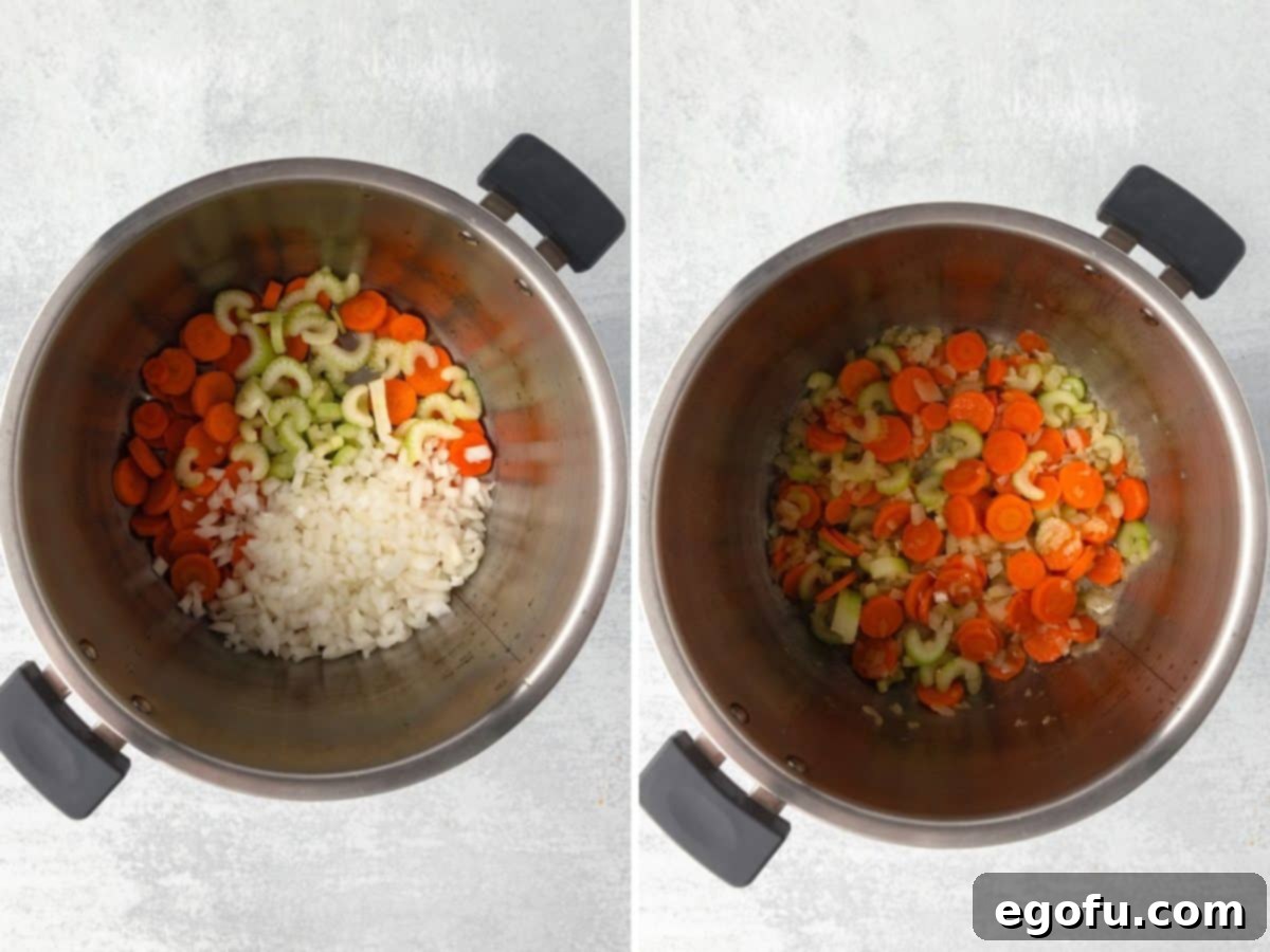 Comforting Instant Pot Chicken and Rice Soup 3 Celery, onions, and carrots in an Instant Pot being cooked.