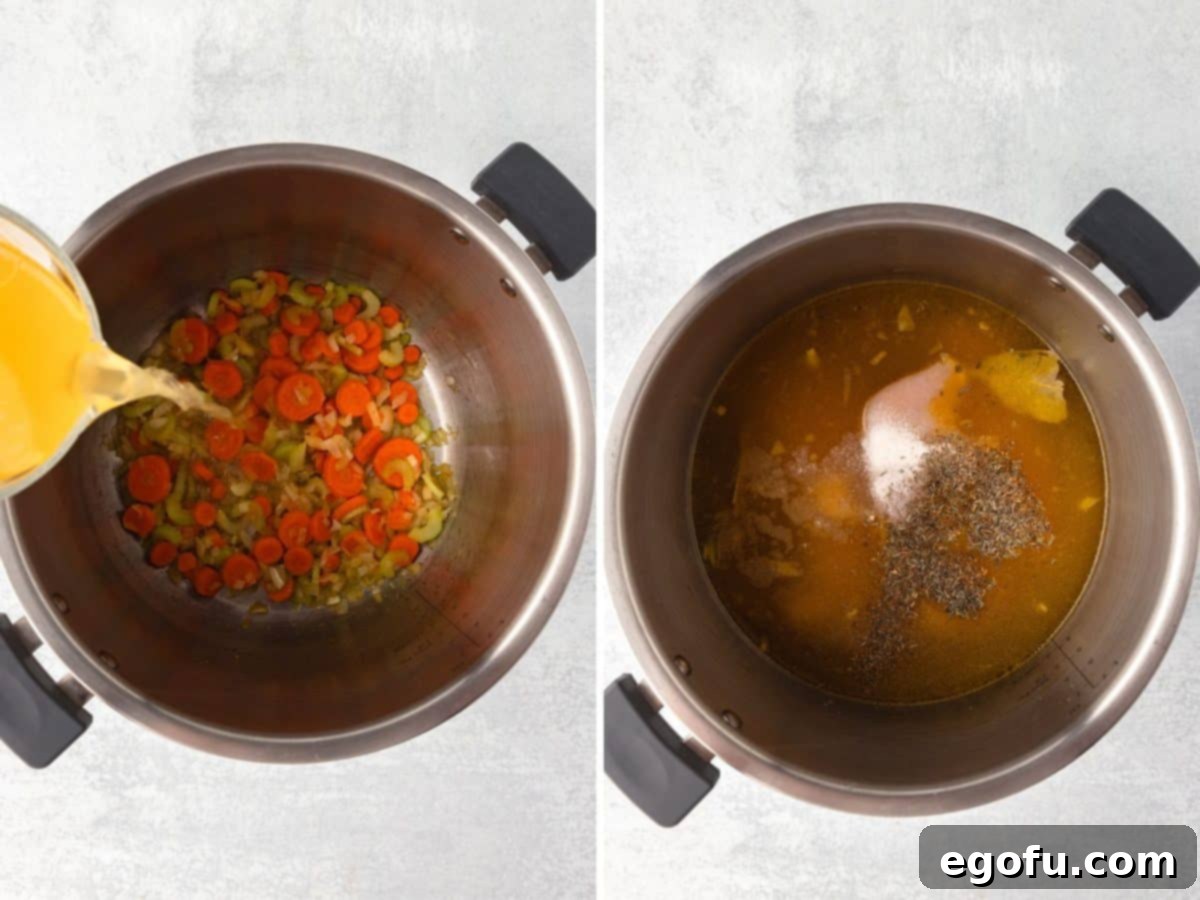 Comforting Instant Pot Chicken and Rice Soup 4 Chicken broth being added to an Instant Pot and the rest of the soup ingredients in an Instant Pot.